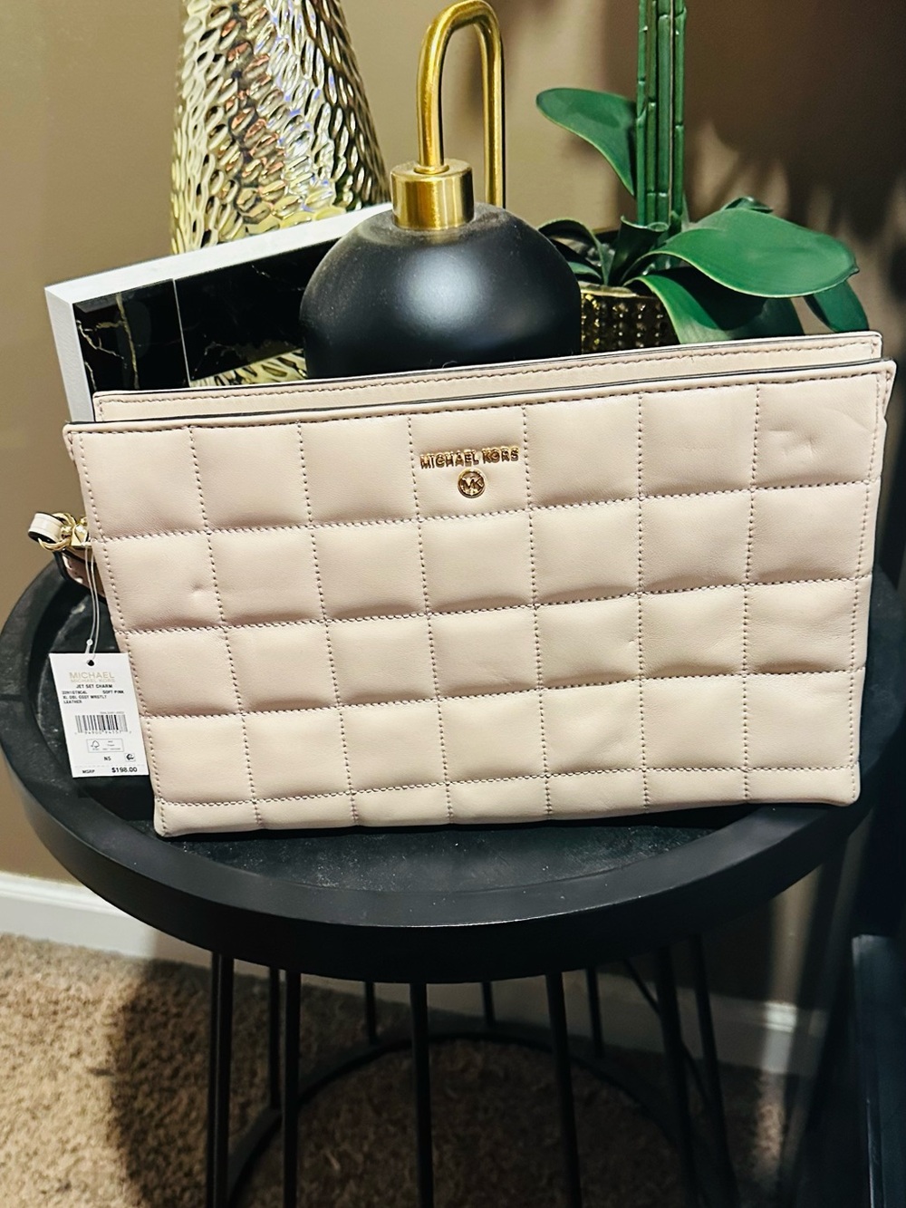 Michael Kors Quilted Leather Wristlet in Soft Beige with Gold Hardware